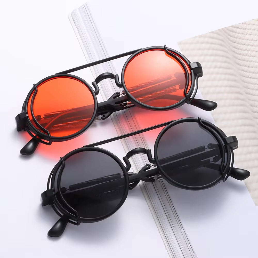 Gothic Style Steampunk Sunglasses Double Spring Temples round Sunglasses UV400 Protection Men'S Eyewear Trendy Punk Sun Glasses